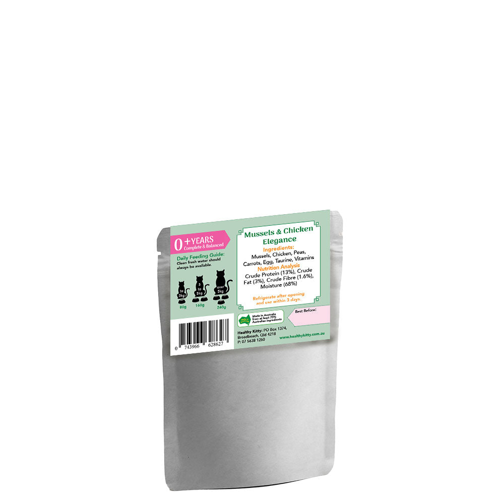 Nutrition panel and ingredients for HealthyKitty Mussels and Chicken Elegance 80g wet cat food
