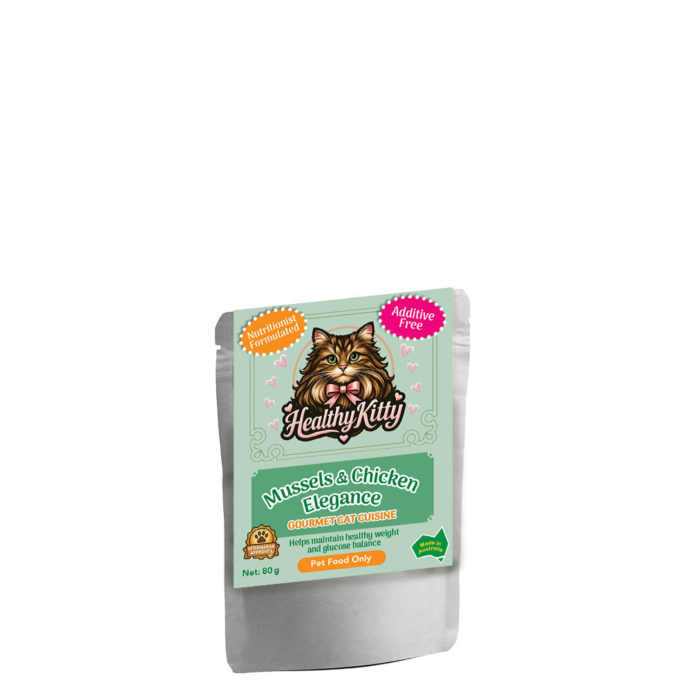 HealthyKitty Mussels and Chicken Elegance 80g pouch — grain‑free wet cat food, Australian‑made