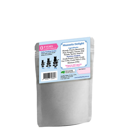 Nutrition panel and ingredients for HealthyKitty Mussels Delight with Prawns and Baramundi  160g wet cat food
