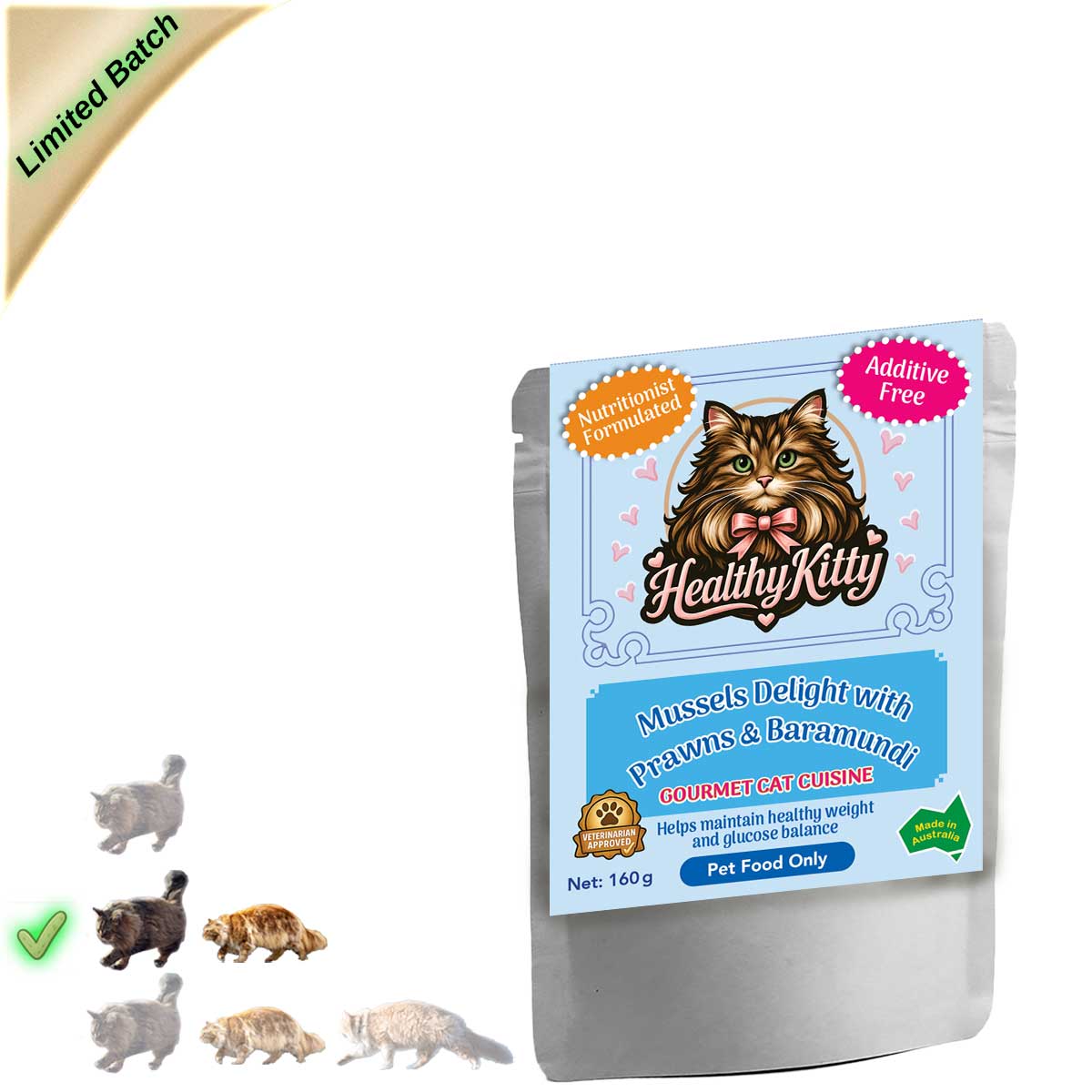 HealthyKitty Mussels Delight with Prawns and Baramundi 160g pouch — grain‑free wet cat food, Australian‑made