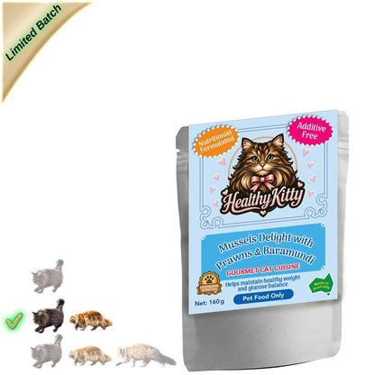 HealthyKitty Mussels Delight with Prawns and Baramundi 160g pouch — grain‑free wet cat food, Australian‑made