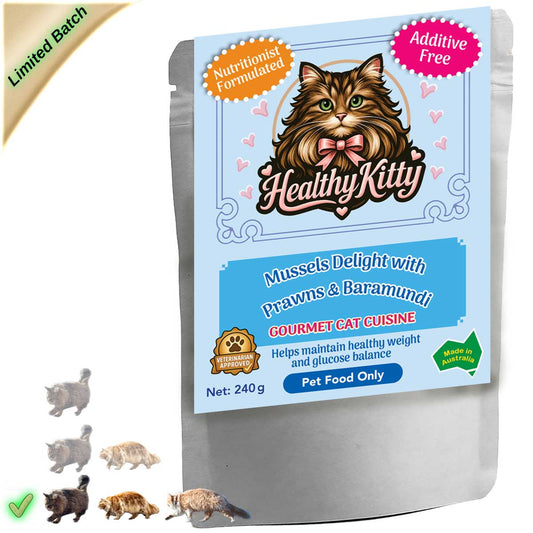 HealthyKitty Mussels Delight with Prawns and Baramundi 240g pouch — grain‑free wet cat food, Australian‑made