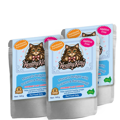 HealthyKitty Mussels Delight with Prawns and Baramundi  3x160g Pack Size — grain‑free wet cat food, Australian‑made