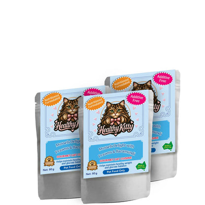 HealthyKitty Mussels Delight with Prawns and Baramundi  3x80g Pack Size — grain‑free wet cat food, Australian‑made