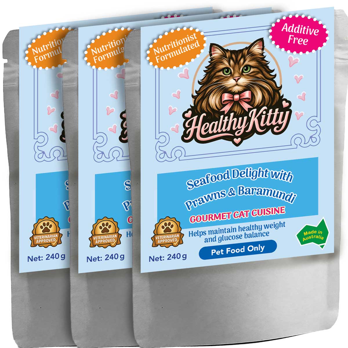 HealthyKitty Seafood Delight with Prawns and Baramundi 3x240g Pack Size — grain‑free wet cat food, Australian‑made