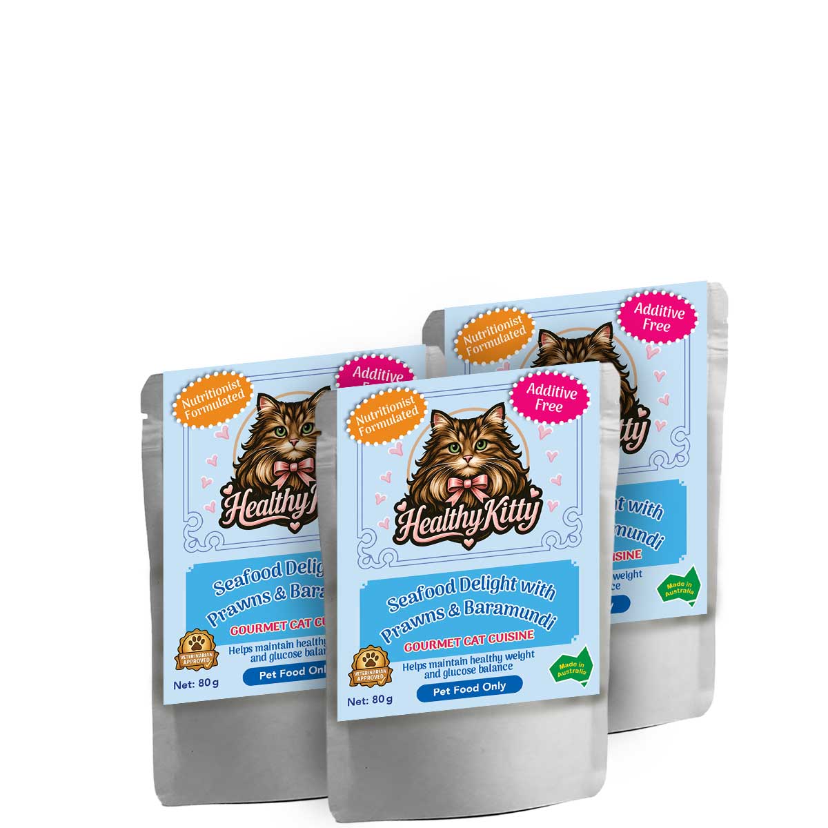 HealthyKitty Seafood Delight with Prawns and Baramundi 3x80g Pack Size — grain‑free wet cat food, Australian‑made
