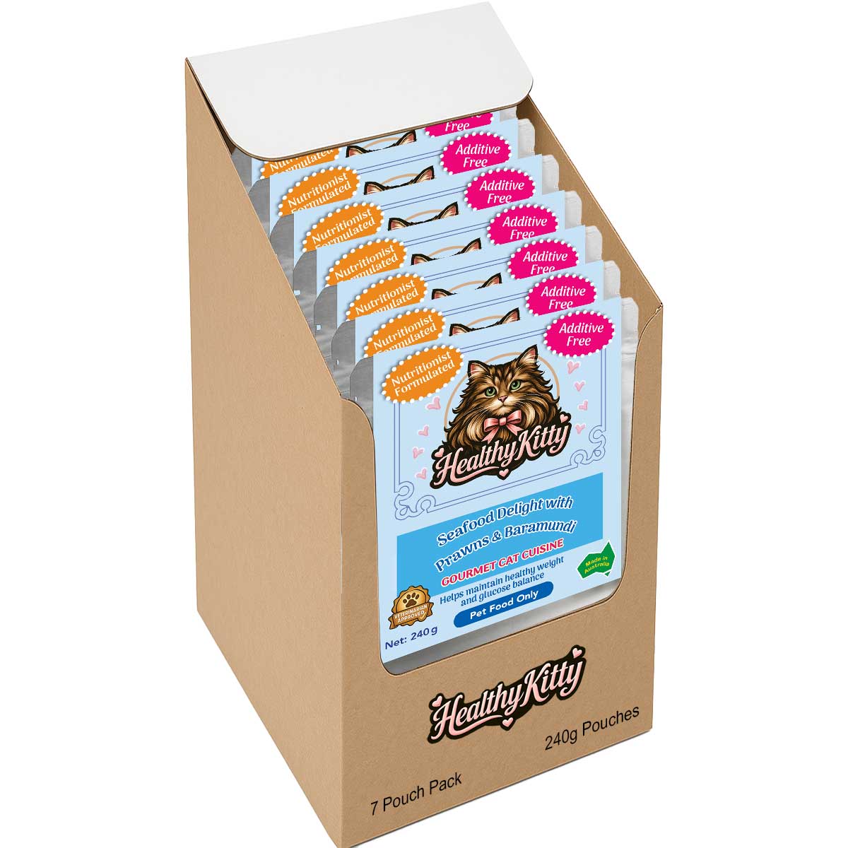 HealthyKitty Seafood Delight with Prawns and Baramundi 7x240g Pack Size — grain‑free wet cat food, Australian‑made