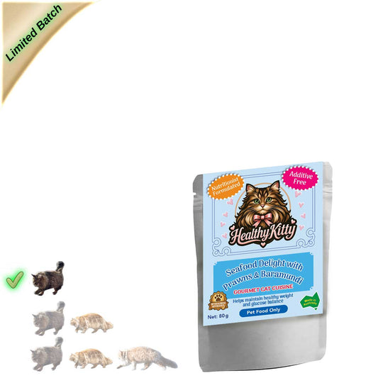 HealthyKitty Seafood Delight with Prawns and Baramundi 80g pouch — grain‑free wet cat food, Australian‑made