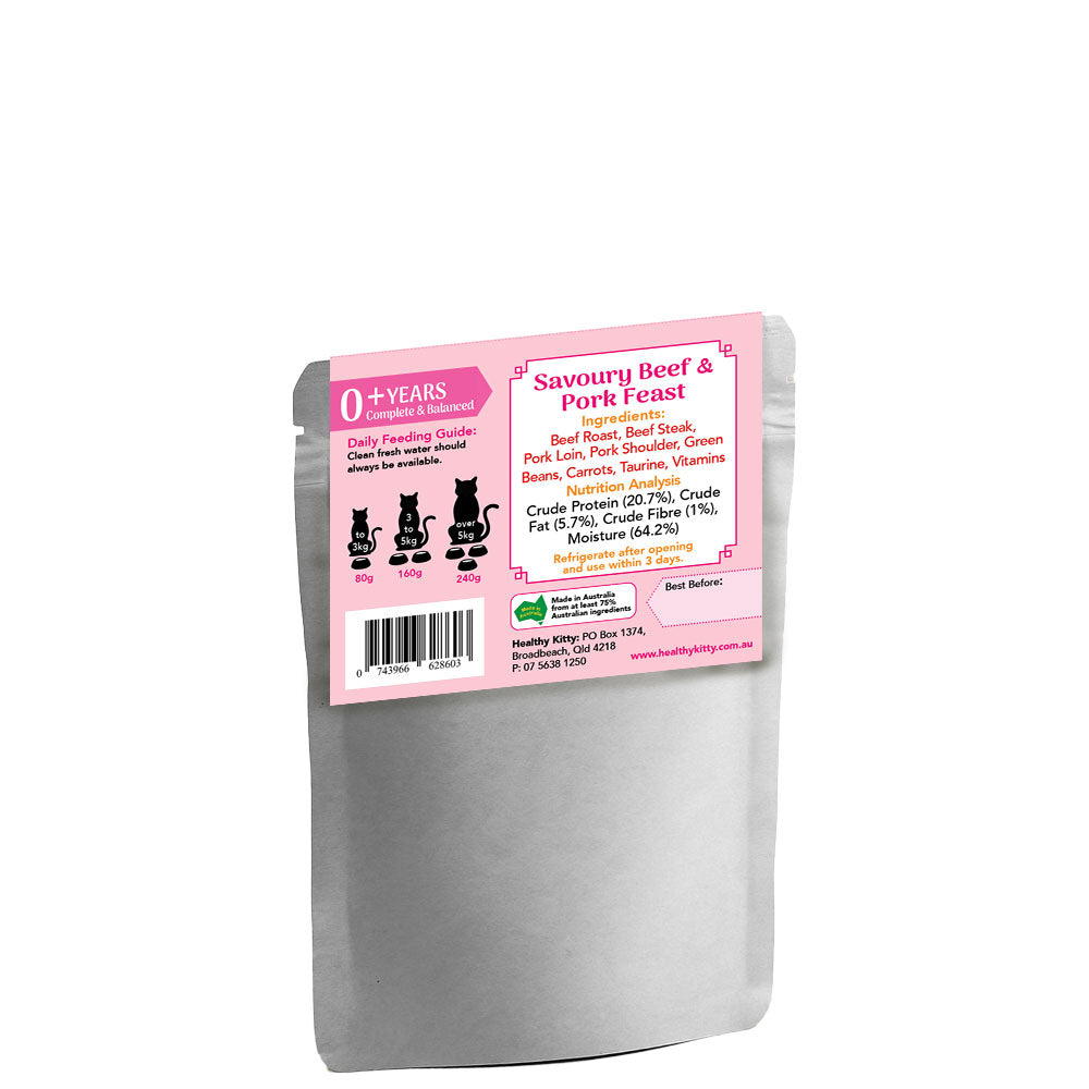 Nutrition panel and ingredients for HealthyKitty Savoury Beef and Pork Feast 160g wet cat food