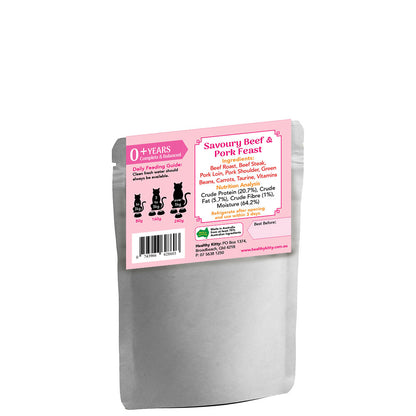 Nutrition panel and ingredients for HealthyKitty Savoury Beef and Pork Feast 160g wet cat food