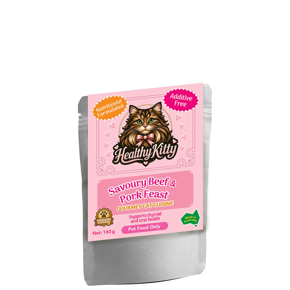 HealthyKitty Savoury Beef and Pork Feast 160g pouch — grain‑free wet cat food, Australian‑made