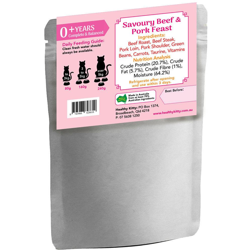 Nutrition panel and ingredients for HealthyKitty Savoury Beef and Pork Feast 240g wet cat food