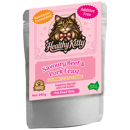 HealthyKitty Savoury Beef and Pork Feast 240g pouch — grain‑free wet cat food, Australian‑made
