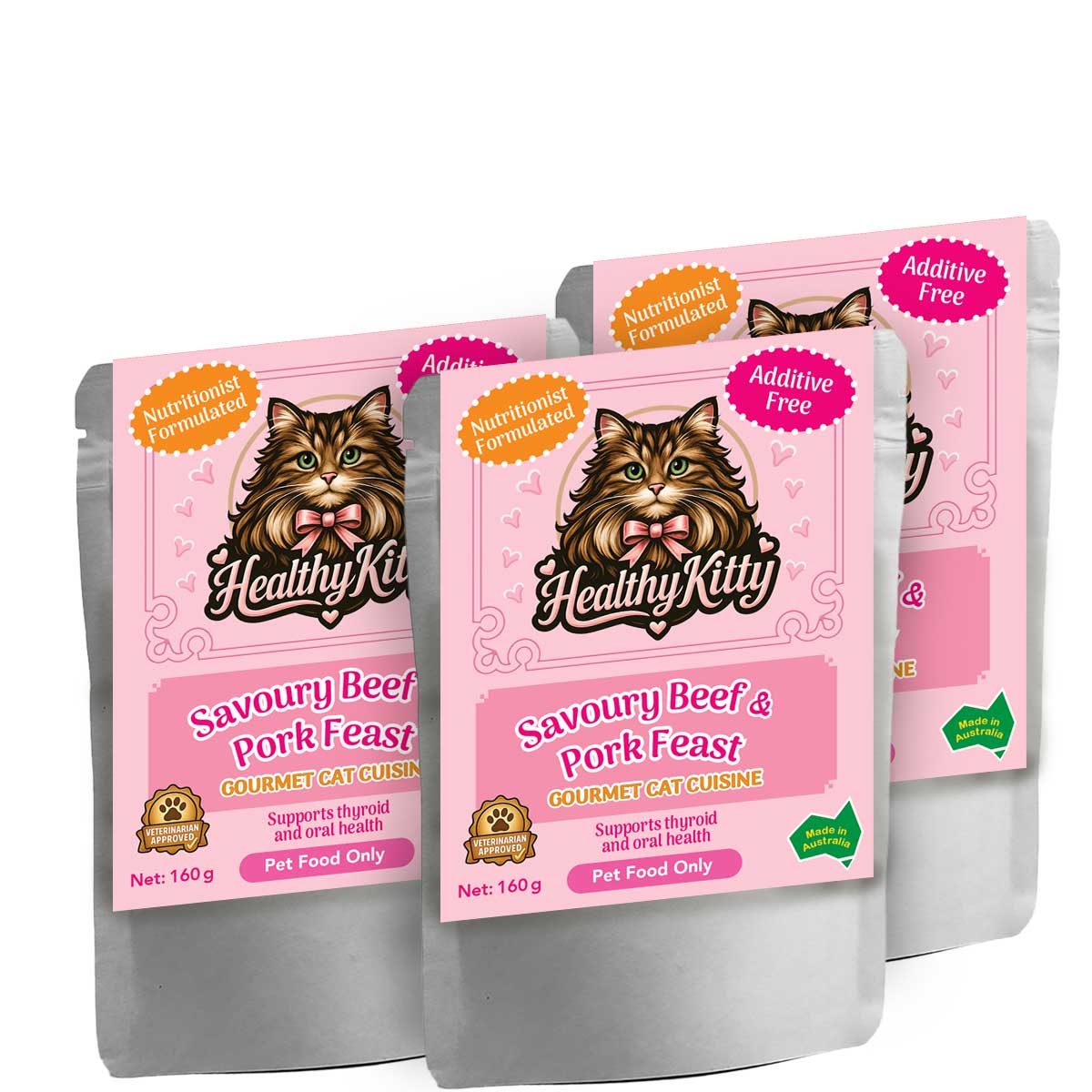 HealthyKitty Savoury Beef and Pork Feast 3x160g Pack Size — grain‑free wet cat food, Australian‑made