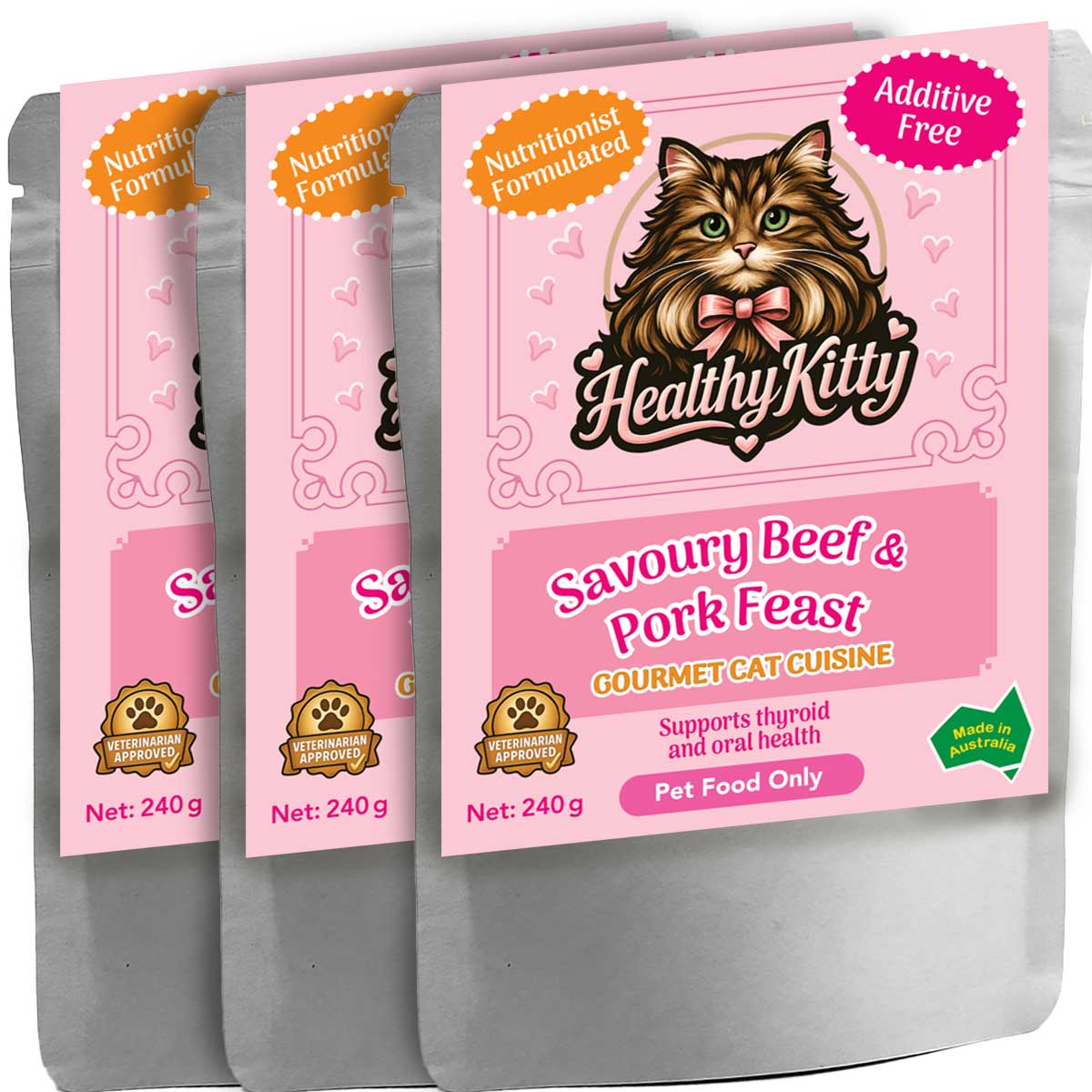 HealthyKitty Savoury Beef and Pork Feast 3x240g Pack Size — grain‑free wet cat food, Australian‑made