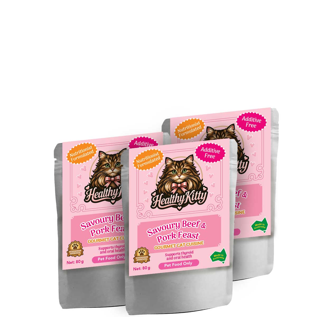 HealthyKitty Savoury Beef and Pork Feast 3x80g Pack Size — grain‑free wet cat food, Australian‑made