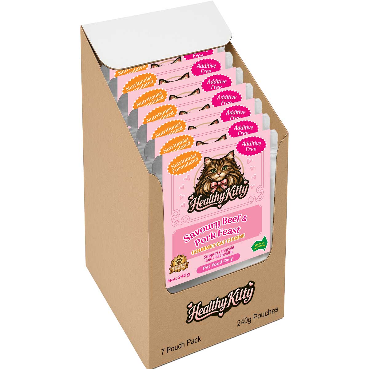 HealthyKitty Savoury Beef and Pork Feast 7x240g Pack Size — grain‑free wet cat food, Australian‑made