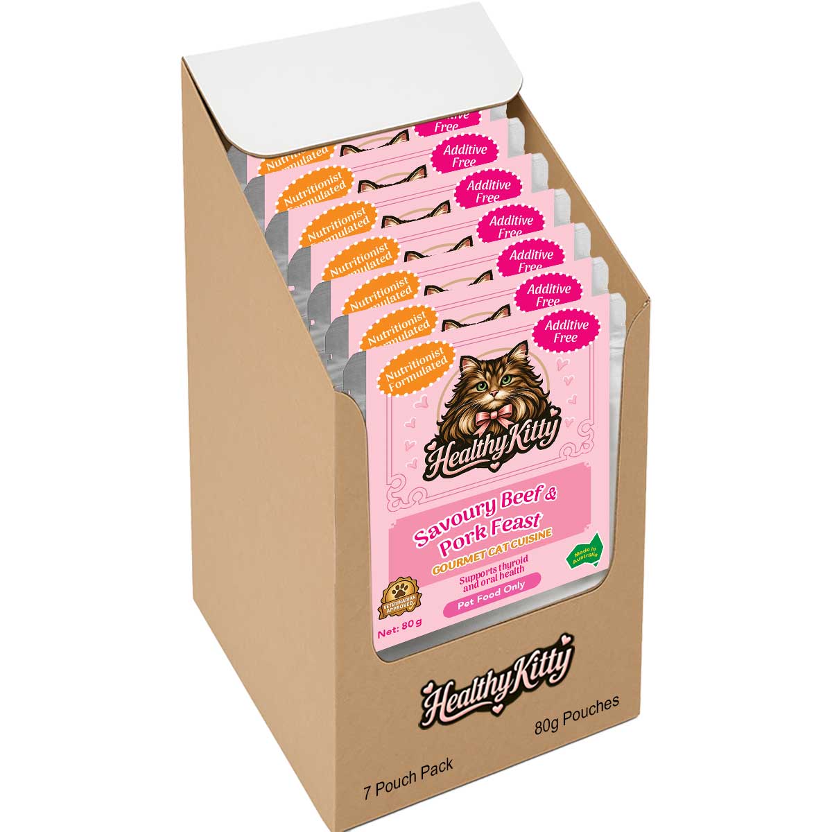 HealthyKitty Savoury Beef and Pork Feast 7x80g Pack Size — grain‑free wet cat food, Australian‑made