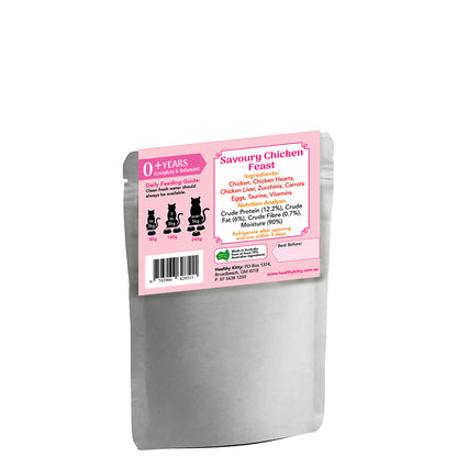 Nutrition panel and ingredients for HealthyKitty Savoury Chicken Feast 160g wet cat food