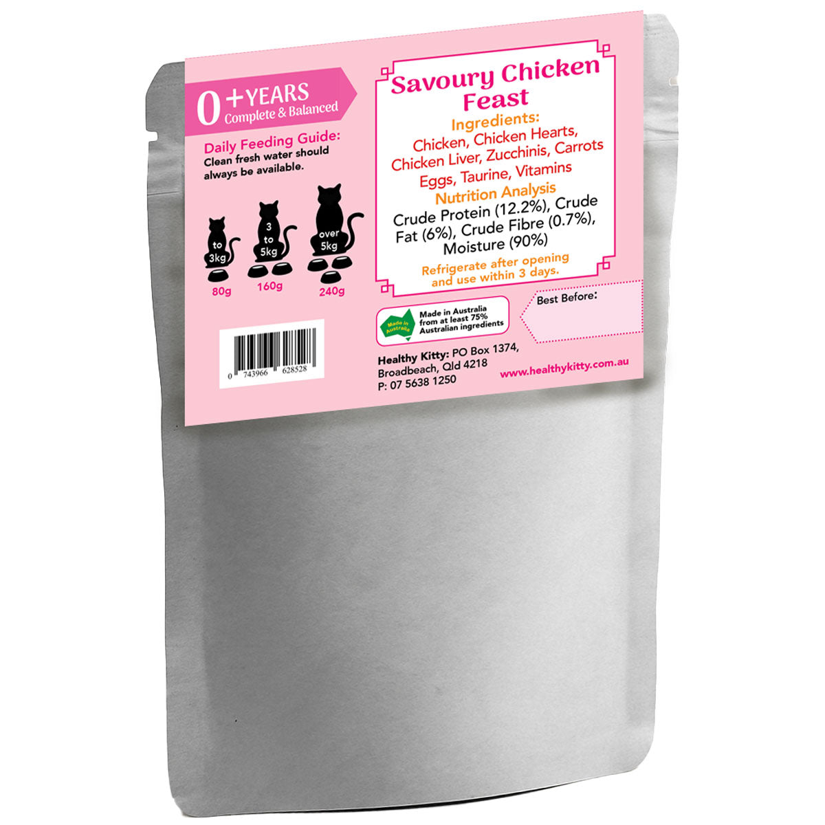 Nutrition panel and ingredients for HealthyKitty Savoury Chicken Feast 240g wet cat food