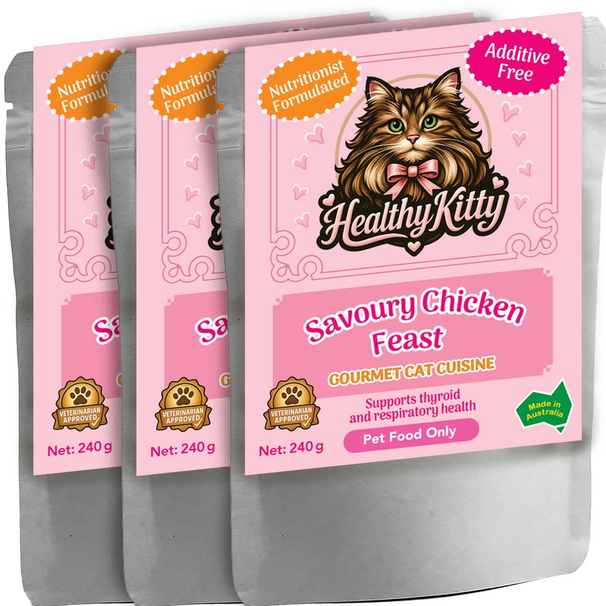 HealthyKitty Savoury Chicken Feast 3x240g Pack Size — grain‑free wet cat food, Australian‑made