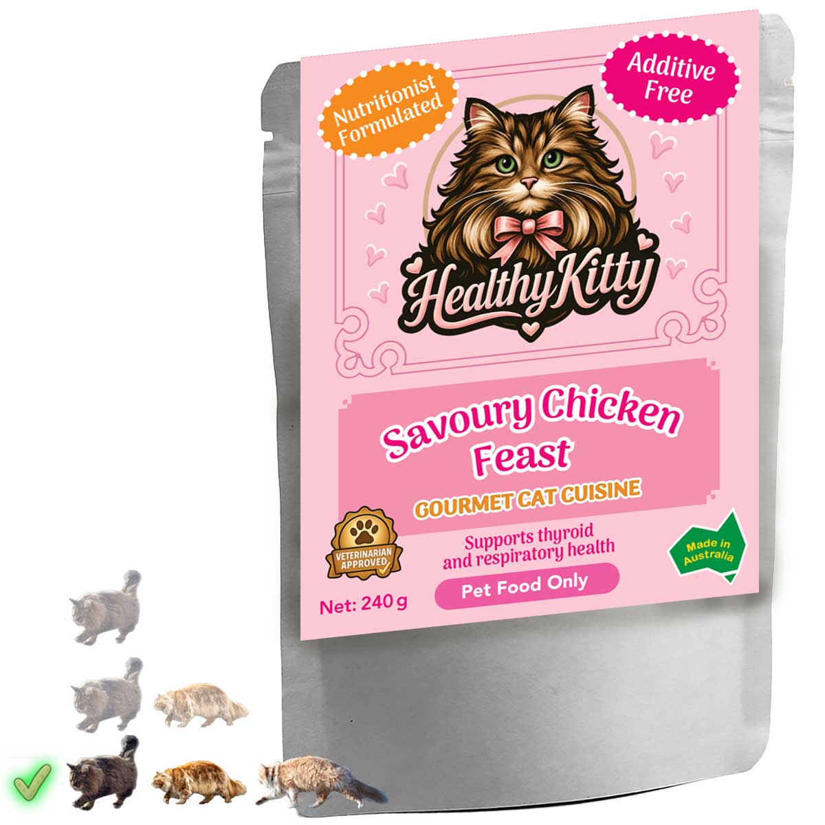 HealthyKitty Savoury Chicken Feast 240g pouch — grain‑free wet cat food, Australian‑made
