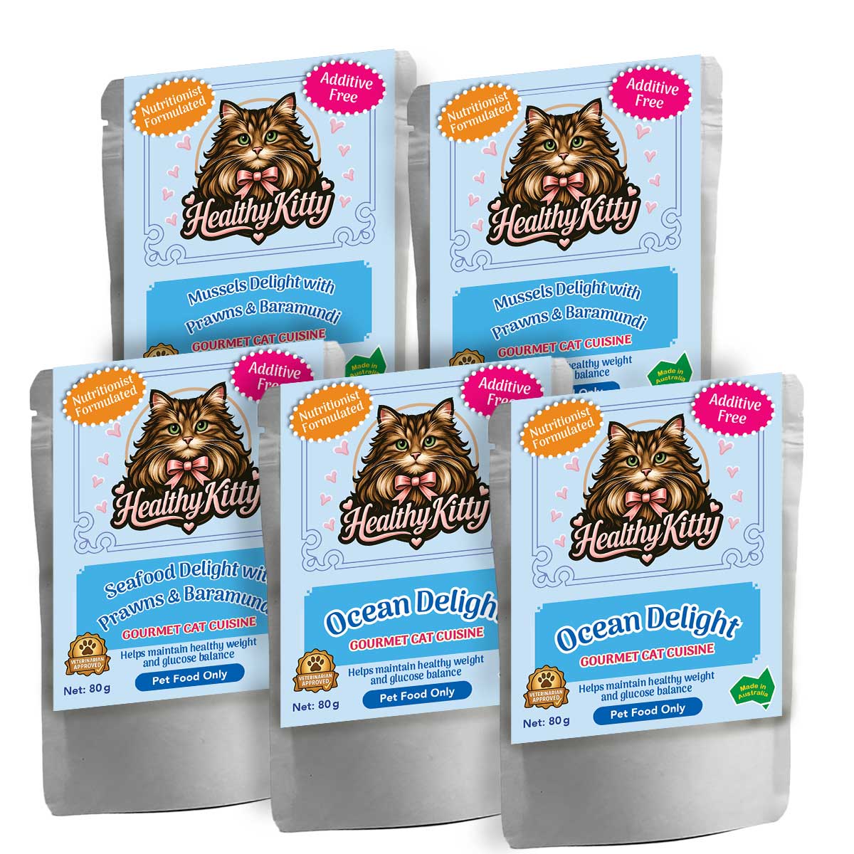 HealthyKitty Seafood-Only-trial-pack_5x80g — grain‑free wet cat food, Australian‑made