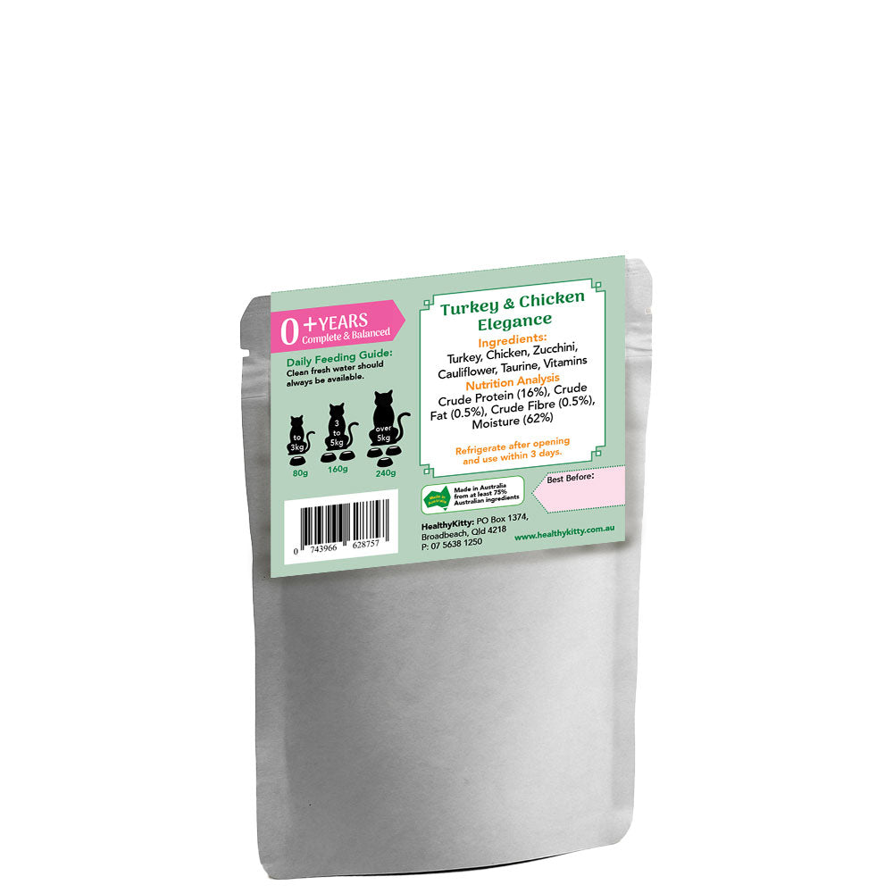 Nutrition panel and ingredients for HealthyKitty Turkey and Chicken Elegance 160g wet cat food