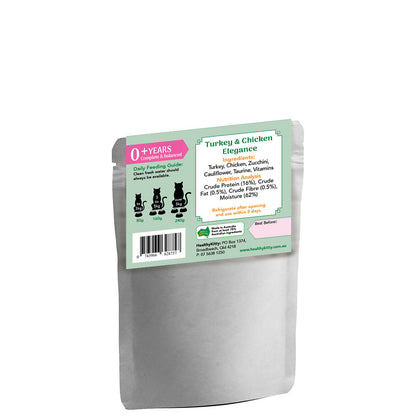 Nutrition panel and ingredients for HealthyKitty Turkey and Chicken Elegance 160g wet cat food