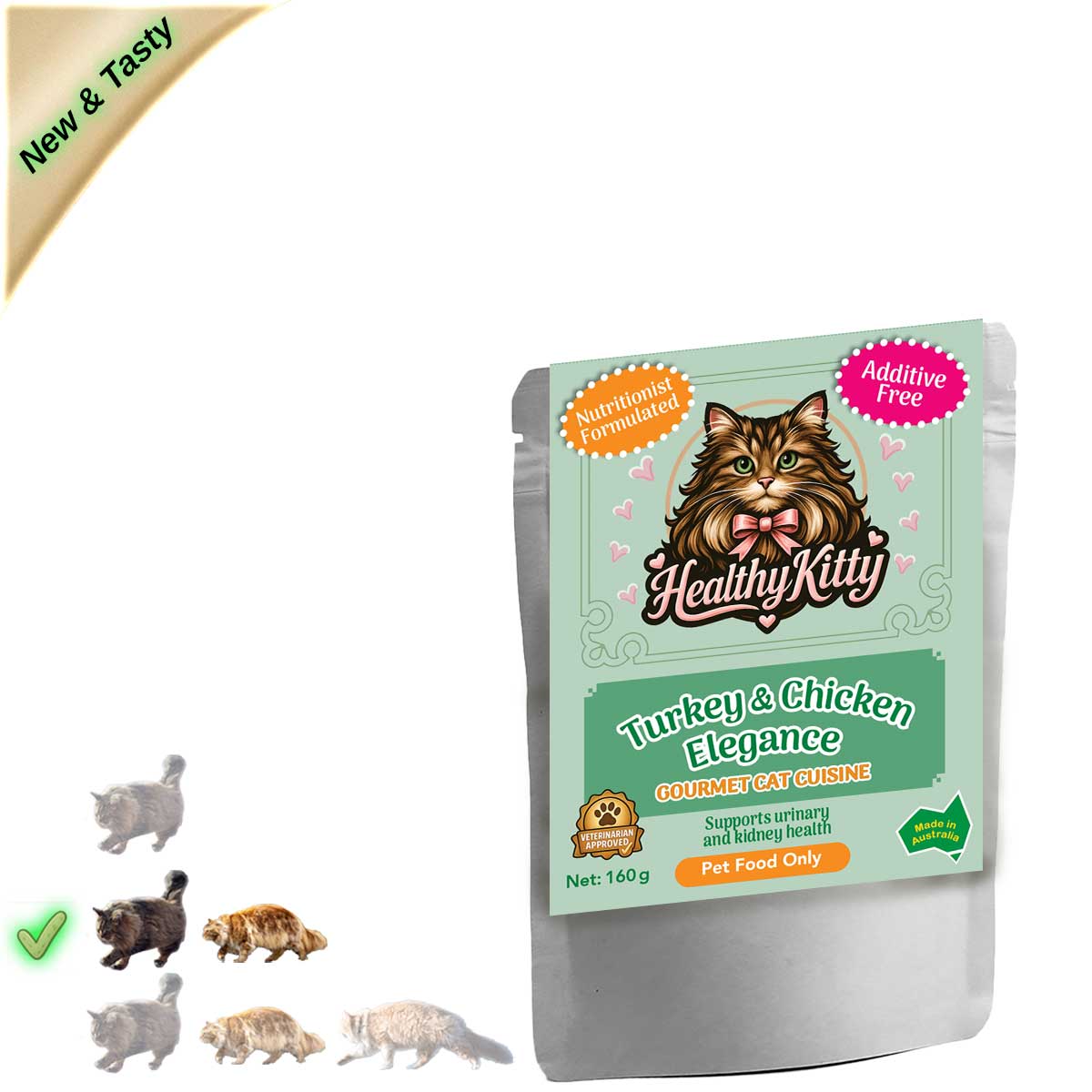 HealthyKitty Turkey & Chicken Elegance 160g pouch — grain‑free wet cat food, Australian‑made