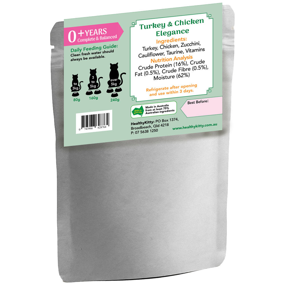 Nutrition panel and ingredients for HealthyKitty Turkey and Chicken Elegance 240g wet cat food