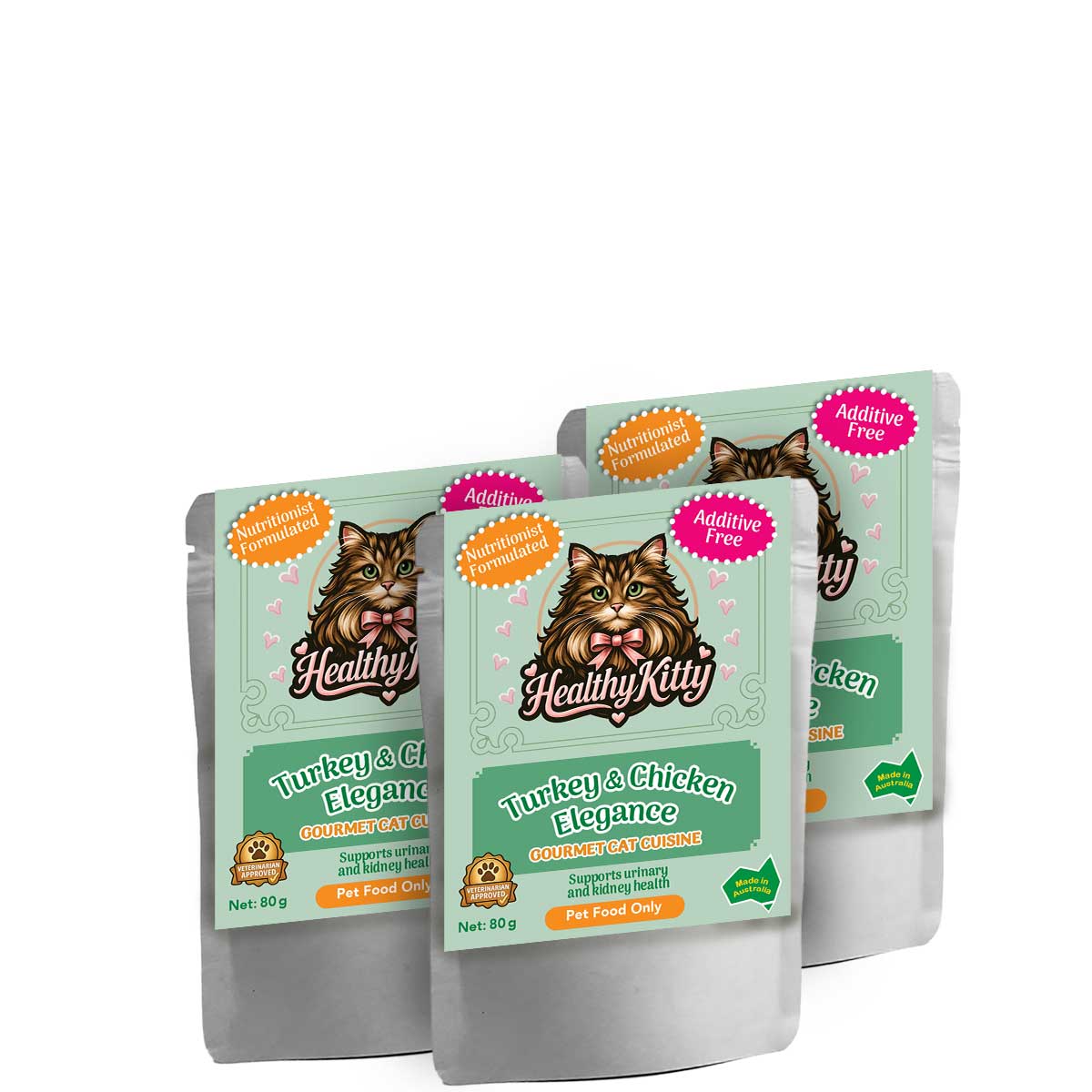 HealthyKitty Turkey and Chicken Elegance 3x80g Pack Size — grain‑free wet cat food, Australian‑made