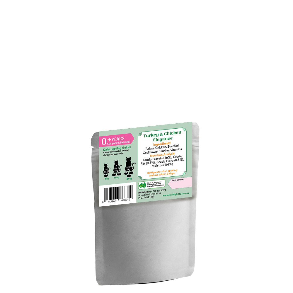 Nutrition panel and ingredients for HealthyKitty Turkey and Chicken Elegance 80g wet cat food