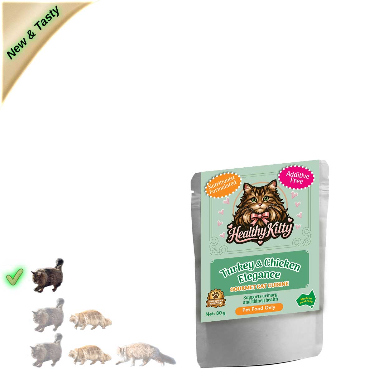 HealthyKitty Turkey & Chicken Elegance 80g pouch — grain‑free wet cat food, Australian‑made